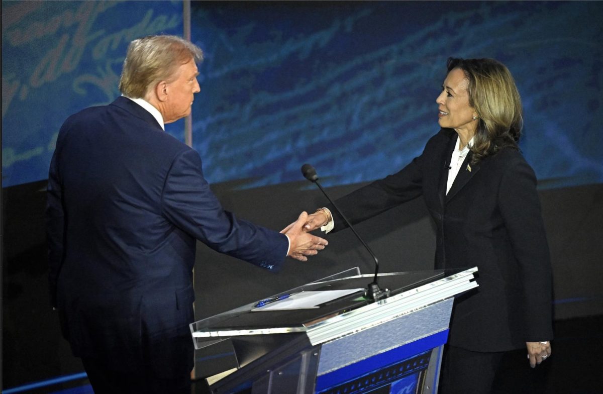 Screenshot of Trump and Harris shaking hands at the presidential debate on Sept. 10.  